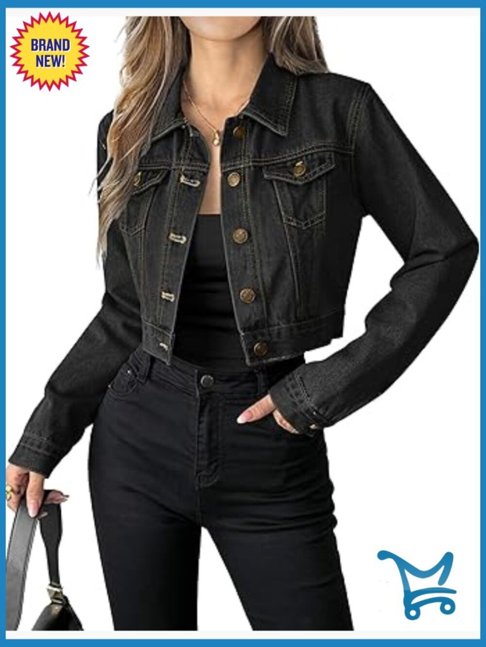 Button Down Long Sleeve Cropped Denim Jean Jacket with Pockets